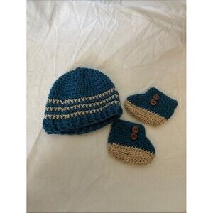 Handmade Teal and Tan Crochet Baby Hat and Booties Set